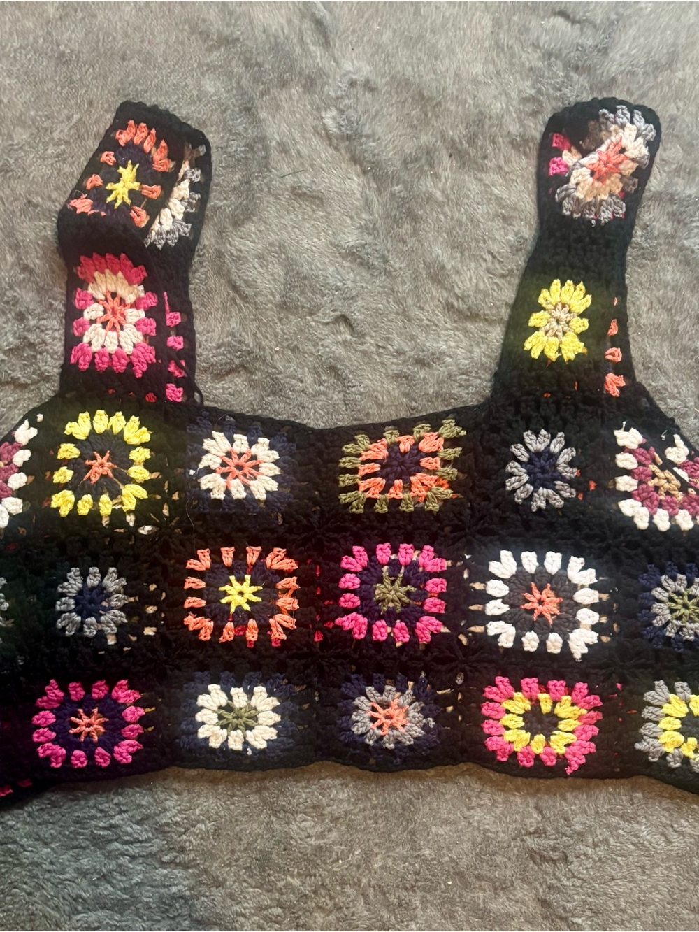 Women’s XL Black Crochet Crop Top with Colorful Granny Squares